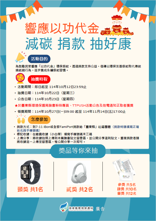 用捐款代替燒紙錢，臺東「以功代金」抽獎開跑！Apple Watch等30項好禮等你拿